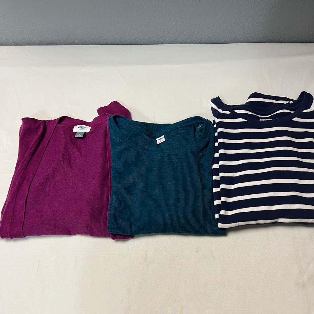 Lot of 3 Old Navy Striped Long Sleeve Tops Medium Navy Blue White Cozy Everyday